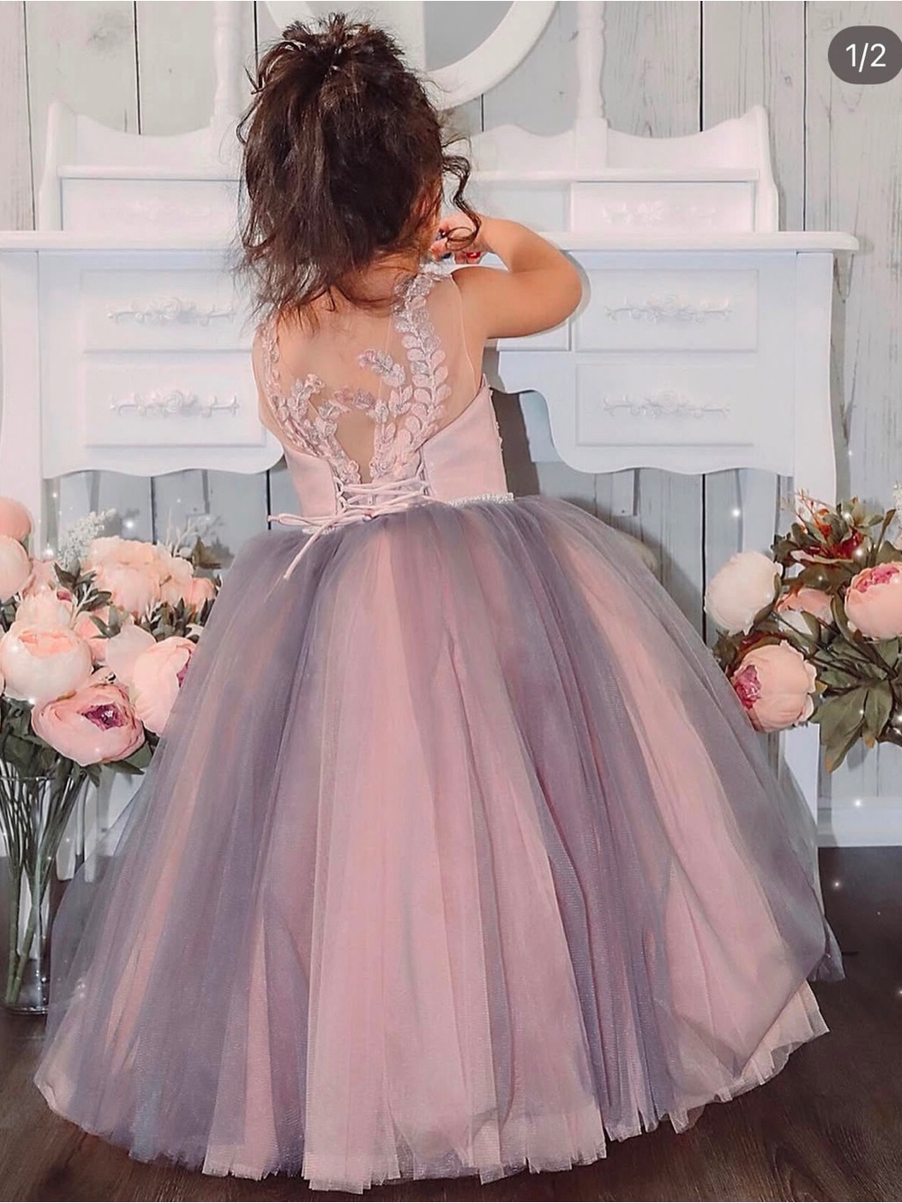 Girls Pink and Gray Tulle Flower Girl Dress with Lace Back